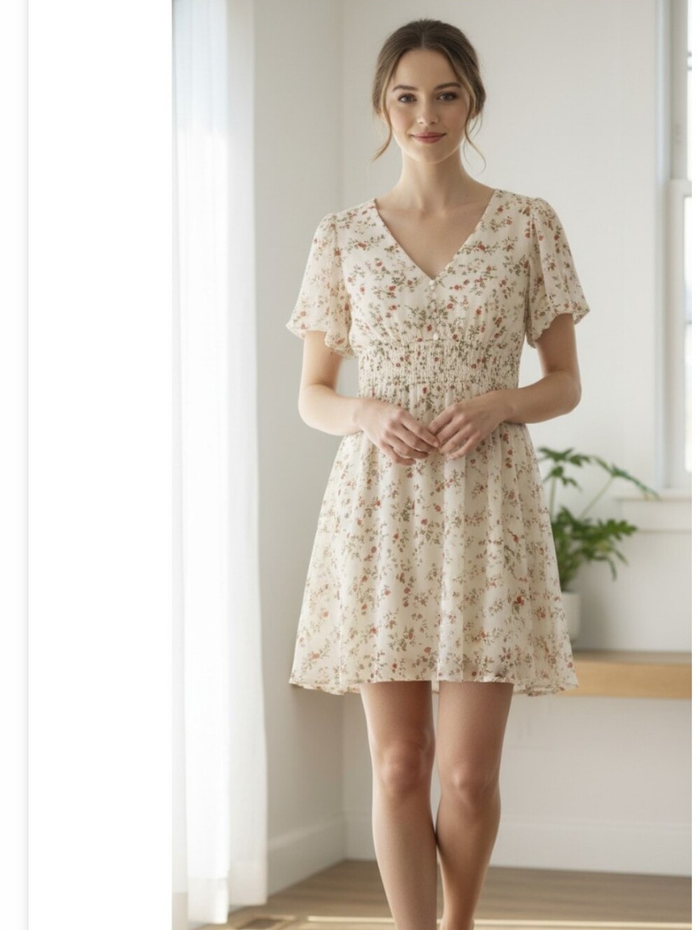 Cream Floral Day Frock Mini with Puffed Sleeves and Smocked Waist (fits Med)